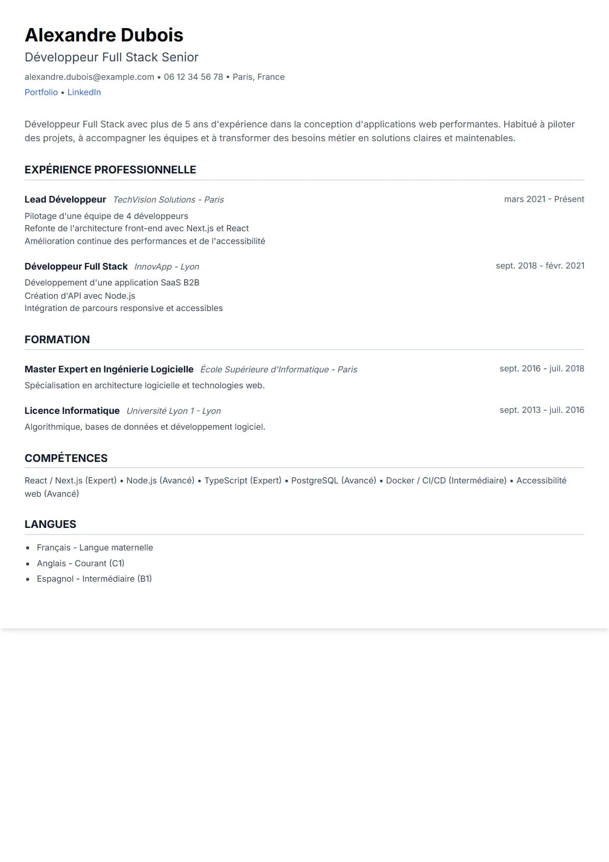 Aperçu du modèle de CV Standard