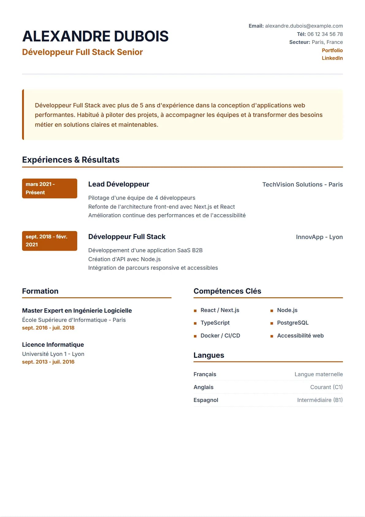 Aperçu du modèle de CV Commercial