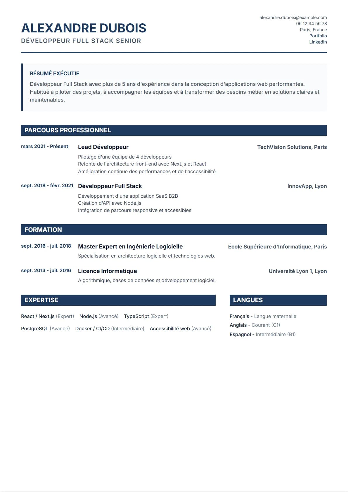 Aperçu du modèle de CV Executive
