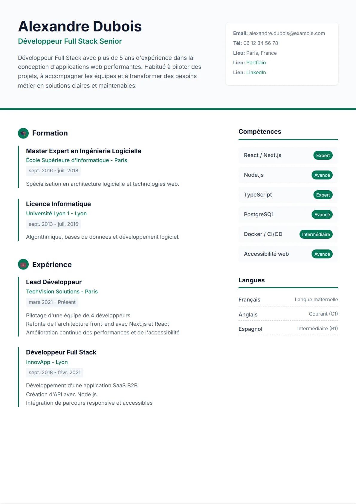 Aperçu du modèle de CV Junior
