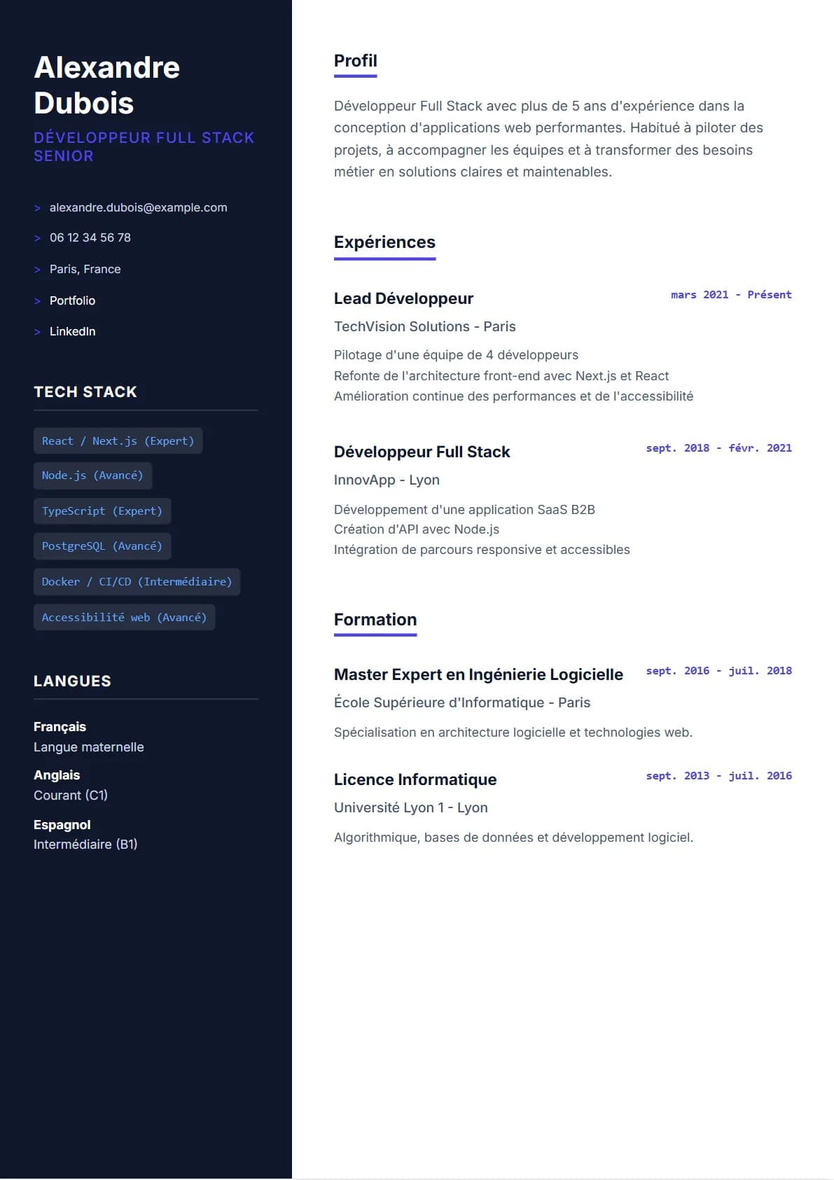 Aperçu du modèle de CV Tech